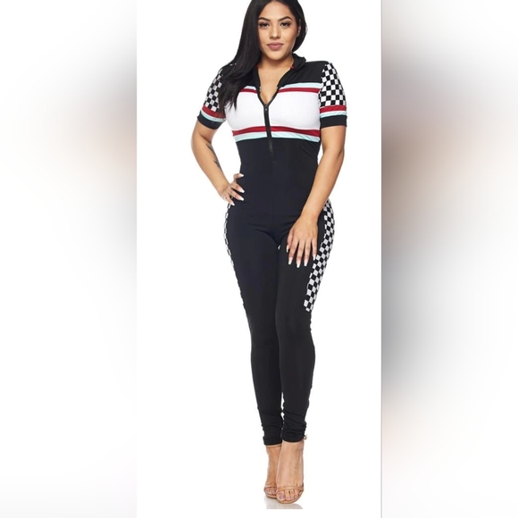 NWOT ... Short Sleeve Checkered Racing Jumpsuit - Black - Picture 2 of 10